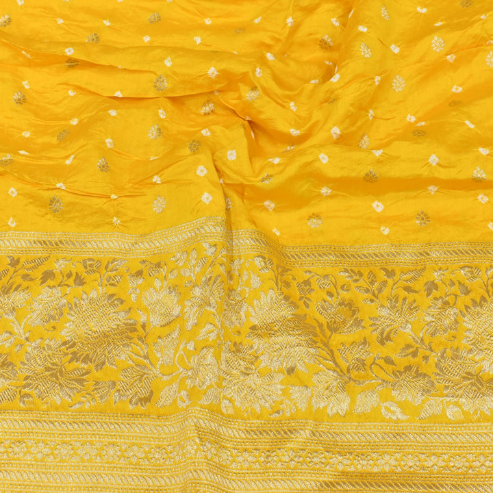 Exclusive Heavy Zari Botti Work And Premium Border Hand Work On Pure Silk Bandhani Fabric