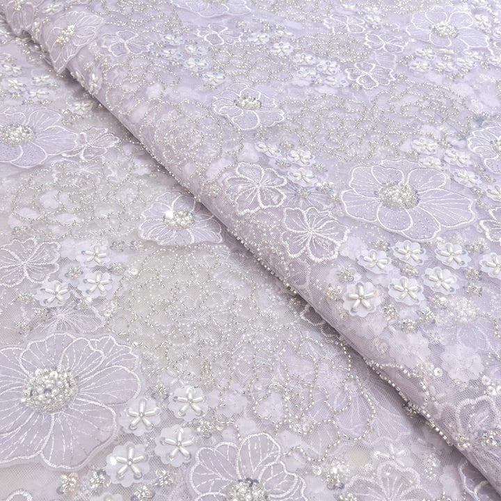 Cut dana and sequin heavy embroidered fabric with 3D flower on imported net