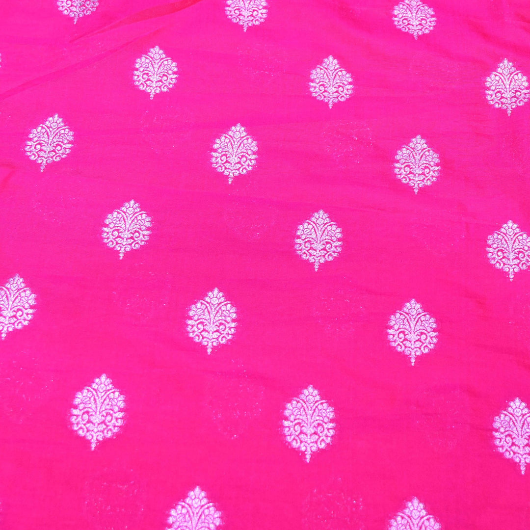Neon Pink Color Katan Silk Zari Buti Brocade Fabric