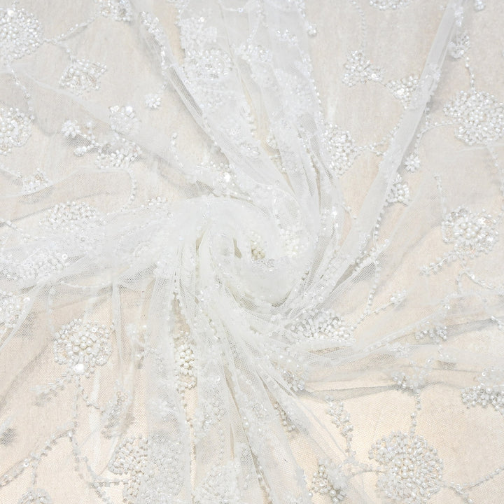 Premium Imported Heavy Moti, Beaded & Sequins Embroidered Net Fabric- 88137293-01