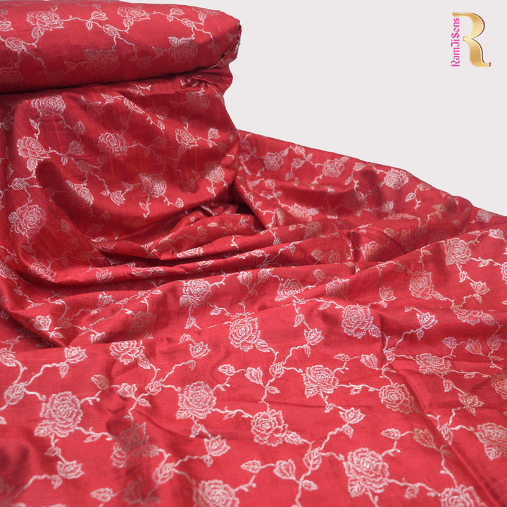 Red Pure row silk Zari Brocade fabric. | 165-192R