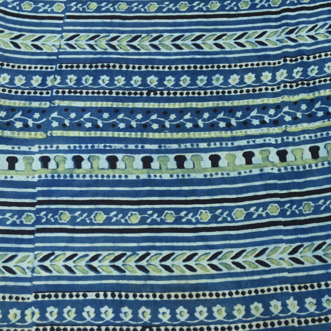 Indigo Blue Modal Satin Fabric in Digital Print.