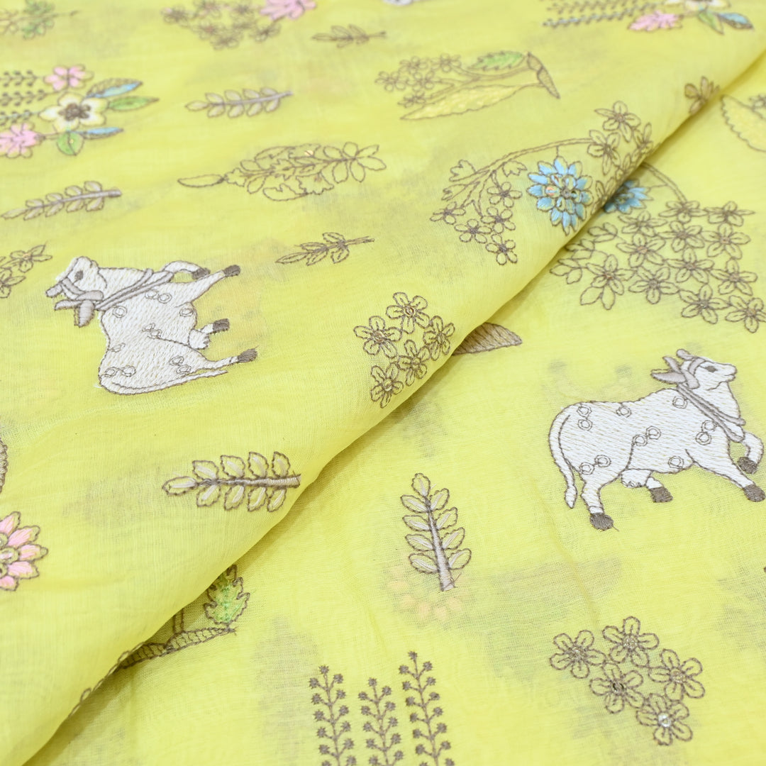 Lime Yellow Mul Chanderi Fabric with Sequins & Thread  Embroidery