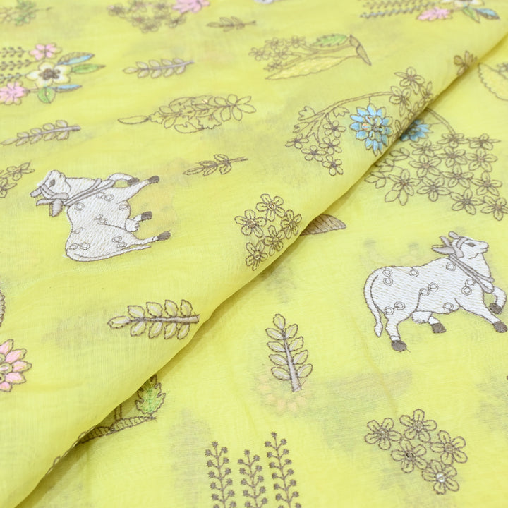 Lime Yellow Mul Chanderi Fabric with Sequins & Thread  Embroidery