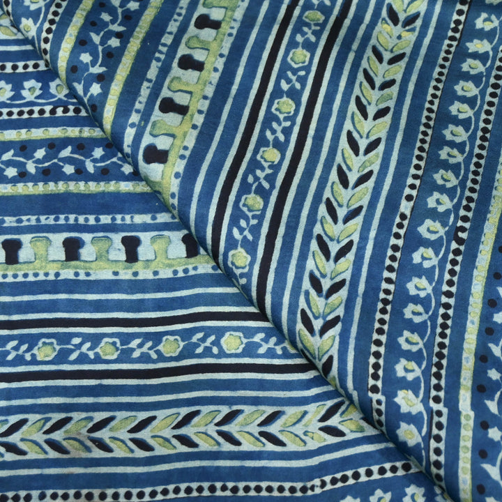 Indigo Blue Modal Satin Fabric in Digital Print.