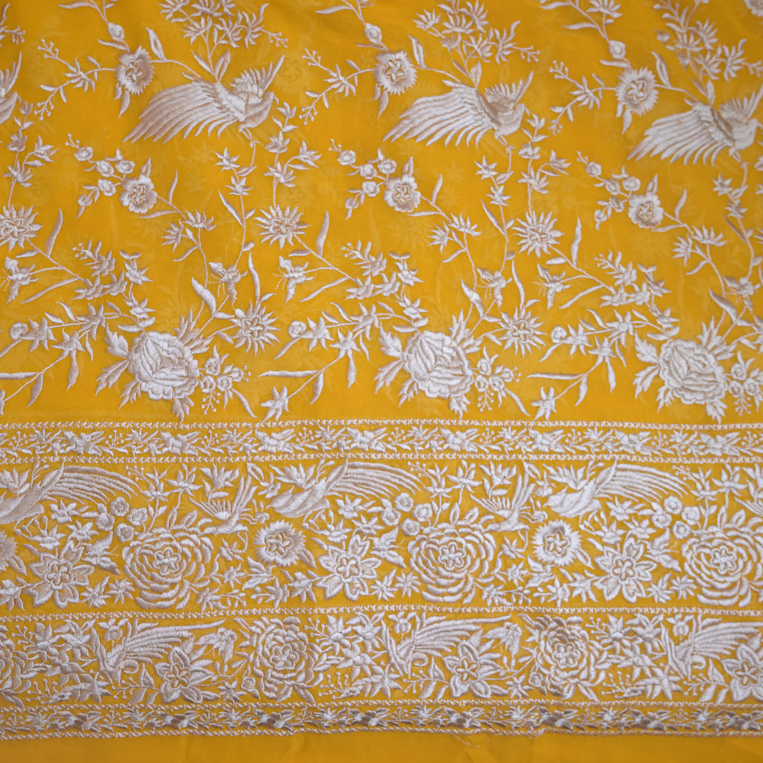 Mustard Yellow (Marigold Yellow) Georgette with White Thread Embroidery | GGT-7588