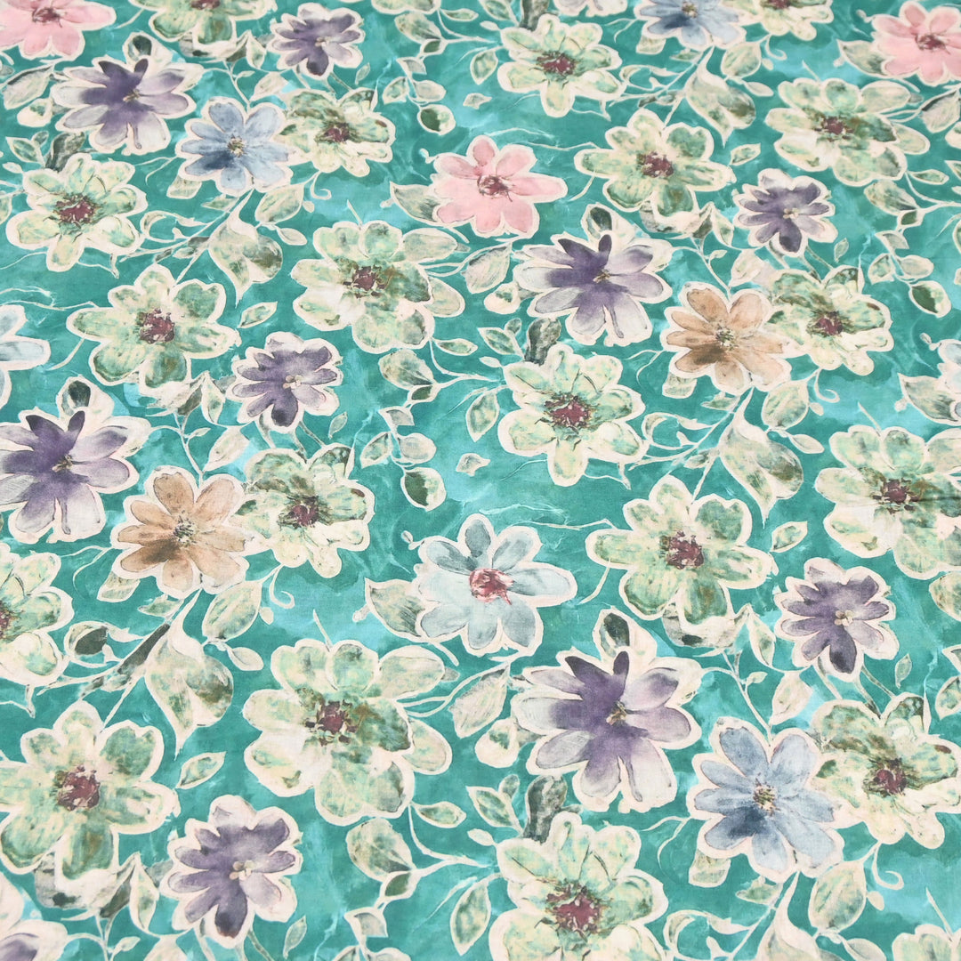 Aqua Blue Floral Italian Lawn Print Fabric