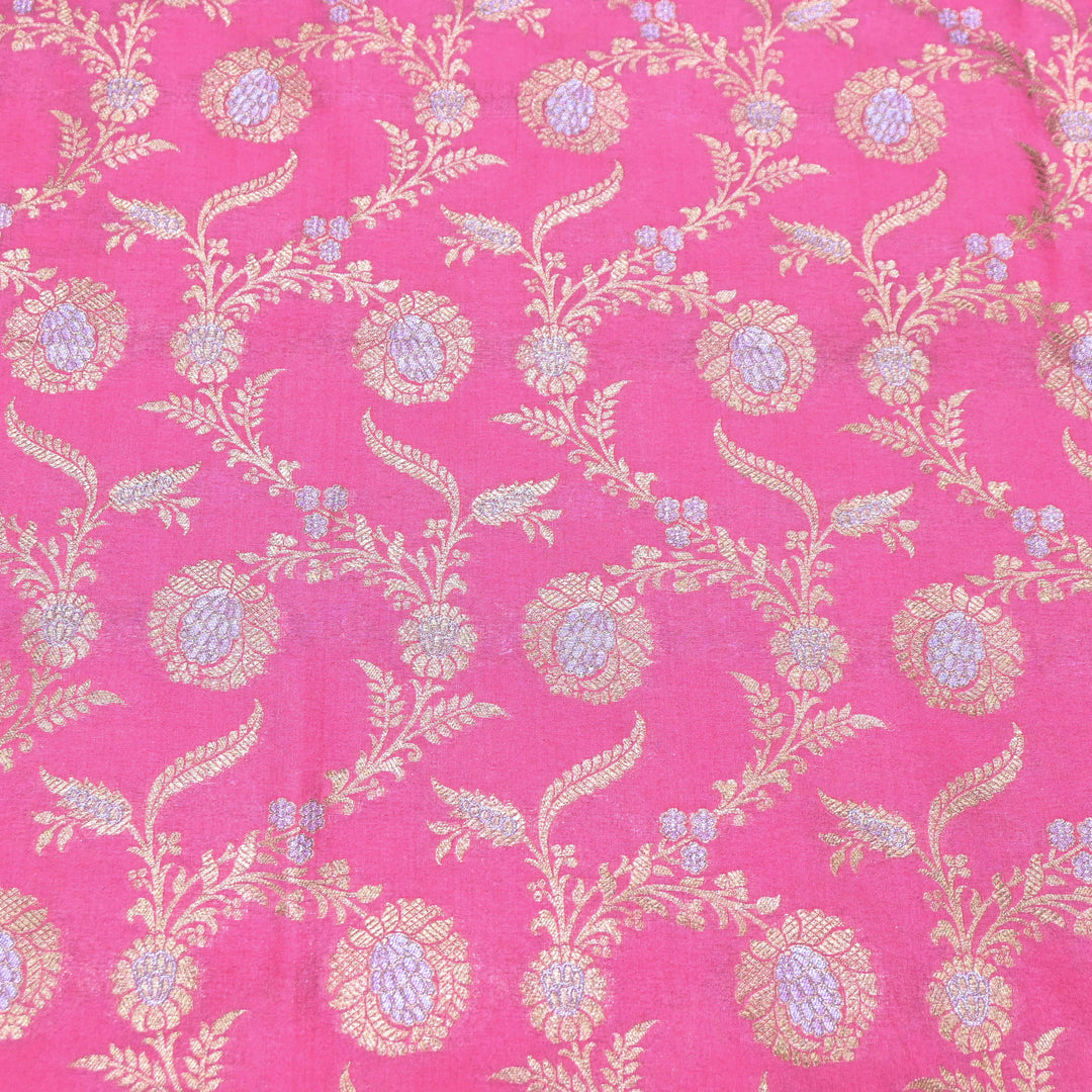 coral Pink & Antique Gold Floral Brocade Fabric.