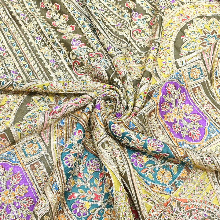 Crepe Position Print With Zari Sequins Embroidery Fabrics