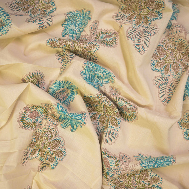 Beige Cotton Fabric with Bagru Floral Print