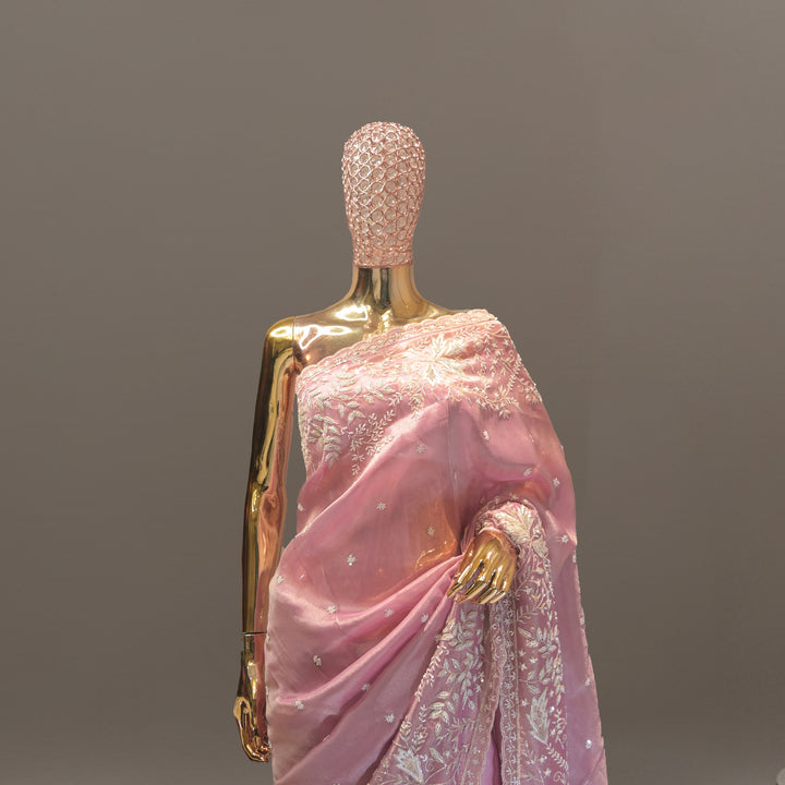 Rose Pink Pure Tissue Handwork Saree
