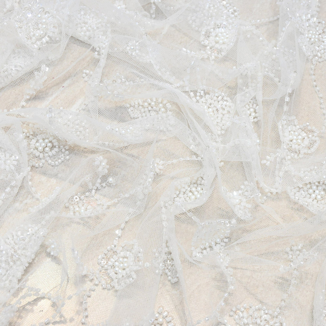 Premium Imported Heavy Moti, Beaded & Sequins Embroidered Net Fabric- 88137293-01