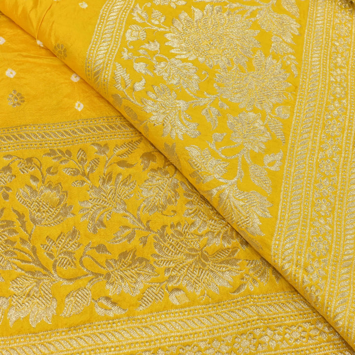 Exclusive Heavy Zari Botti Work And Premium Border Hand Work On Pure Silk Bandhani Fabric