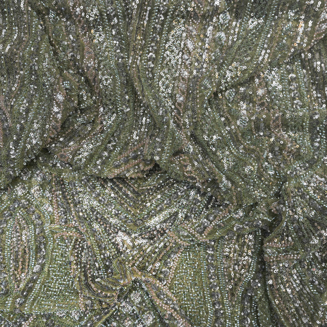 Olive Green Net Imported Embroidery Fabric.| 30T95