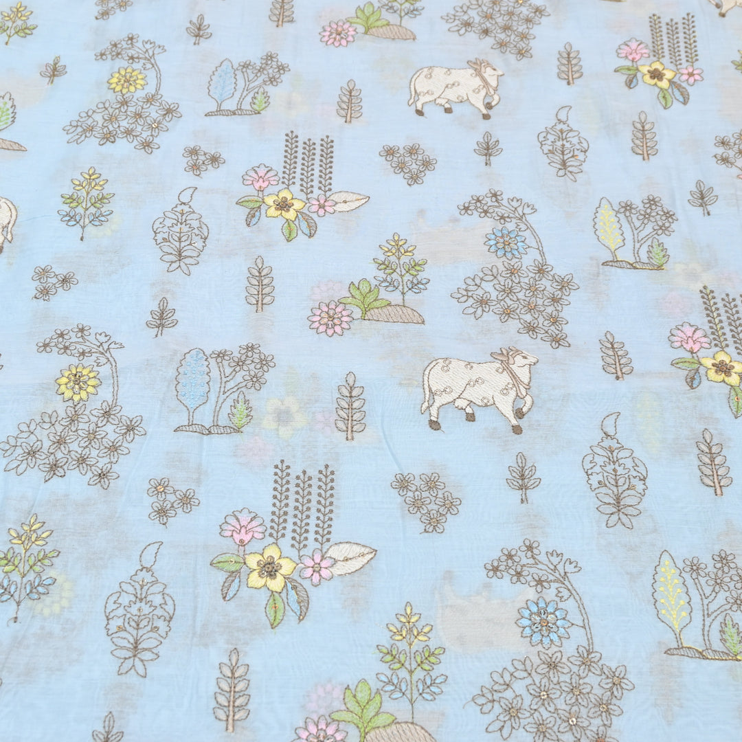 Powder Blue Mul Chanderi Fabric with Sequins & Thread  Embroidery