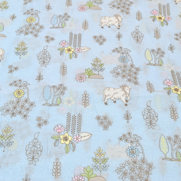 Powder Blue Mul Chanderi Fabric with Sequins & Thread  Embroidery