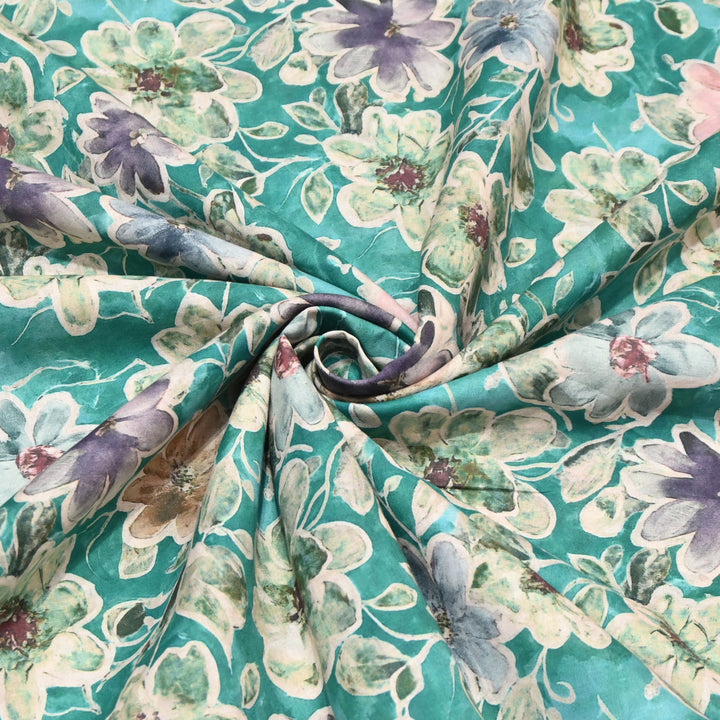 Aqua Blue Floral Italian Lawn Print Fabric