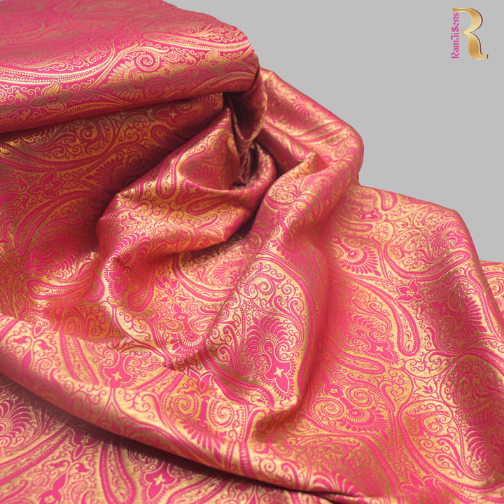 Hot Pink Gold Paisley Brocade Fabric.| 100-23-115