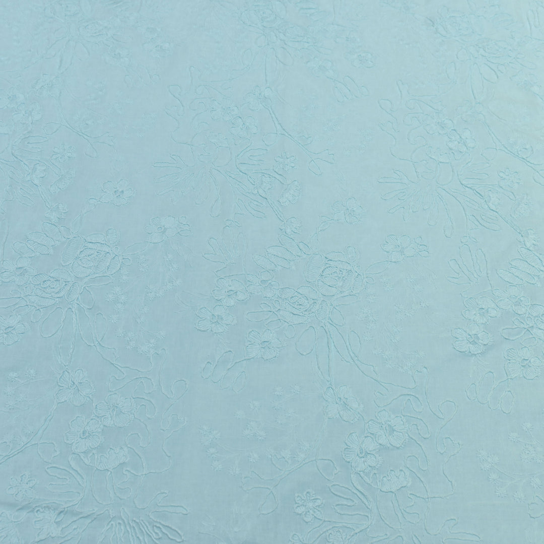 Sky Blue Color Cotton Floral Thread Embroidery Fabric – Soft Designer Embroidered Cotton Fabric 0AT112-2