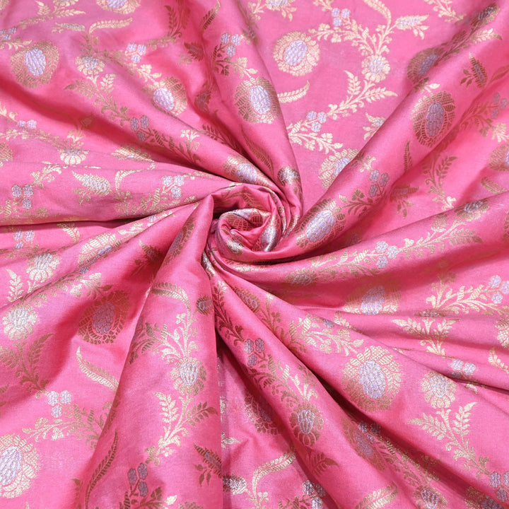 coral Pink & Antique Gold Floral Brocade Fabric.