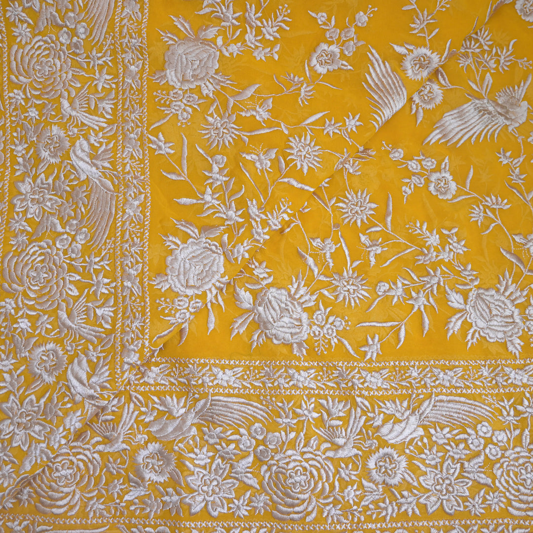 Mustard Yellow (Marigold Yellow) Georgette with White Thread Embroidery | GGT-7588