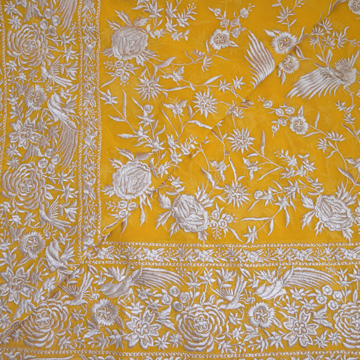 Mustard Yellow (Marigold Yellow) Georgette with White Thread Embroidery | GGT-7588