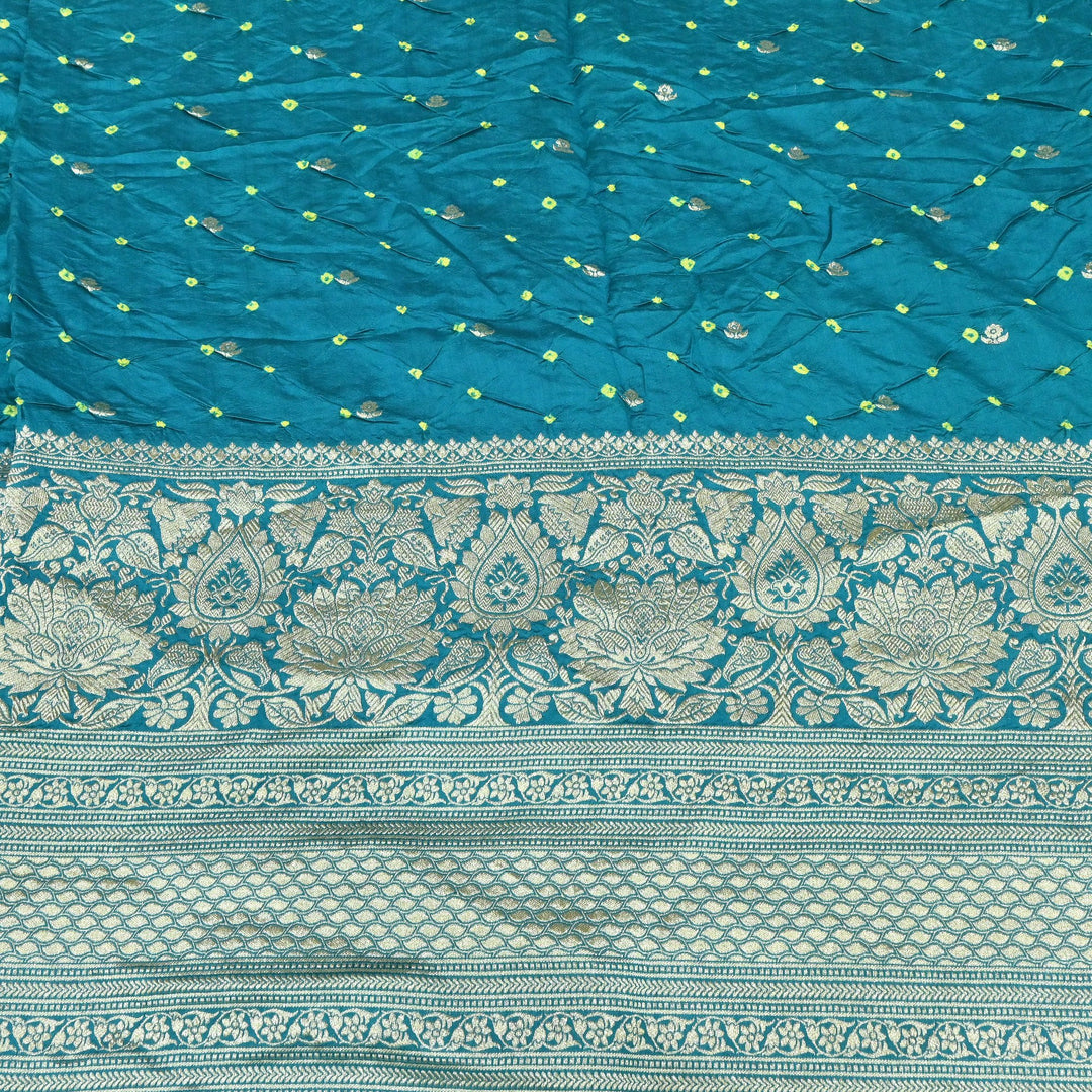 Exclusive Heavy Zari Botti Work And Premium Border Hand Work On Pure Silk Bandhani Fabric