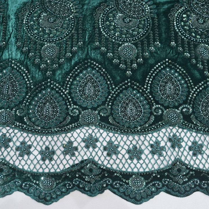 Velvet Dark Green Cutdana Embroidery Fabric..| 1038-885DG