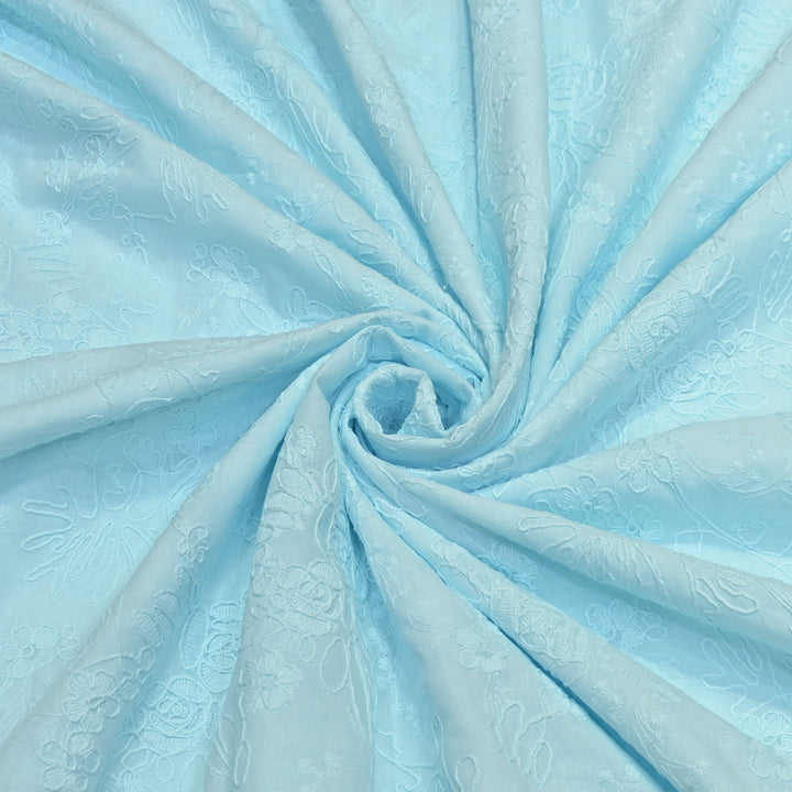 Sky Blue Color Cotton Floral Thread Embroidery Fabric – Soft Designer Embroidered Cotton Fabric 0AT112-2