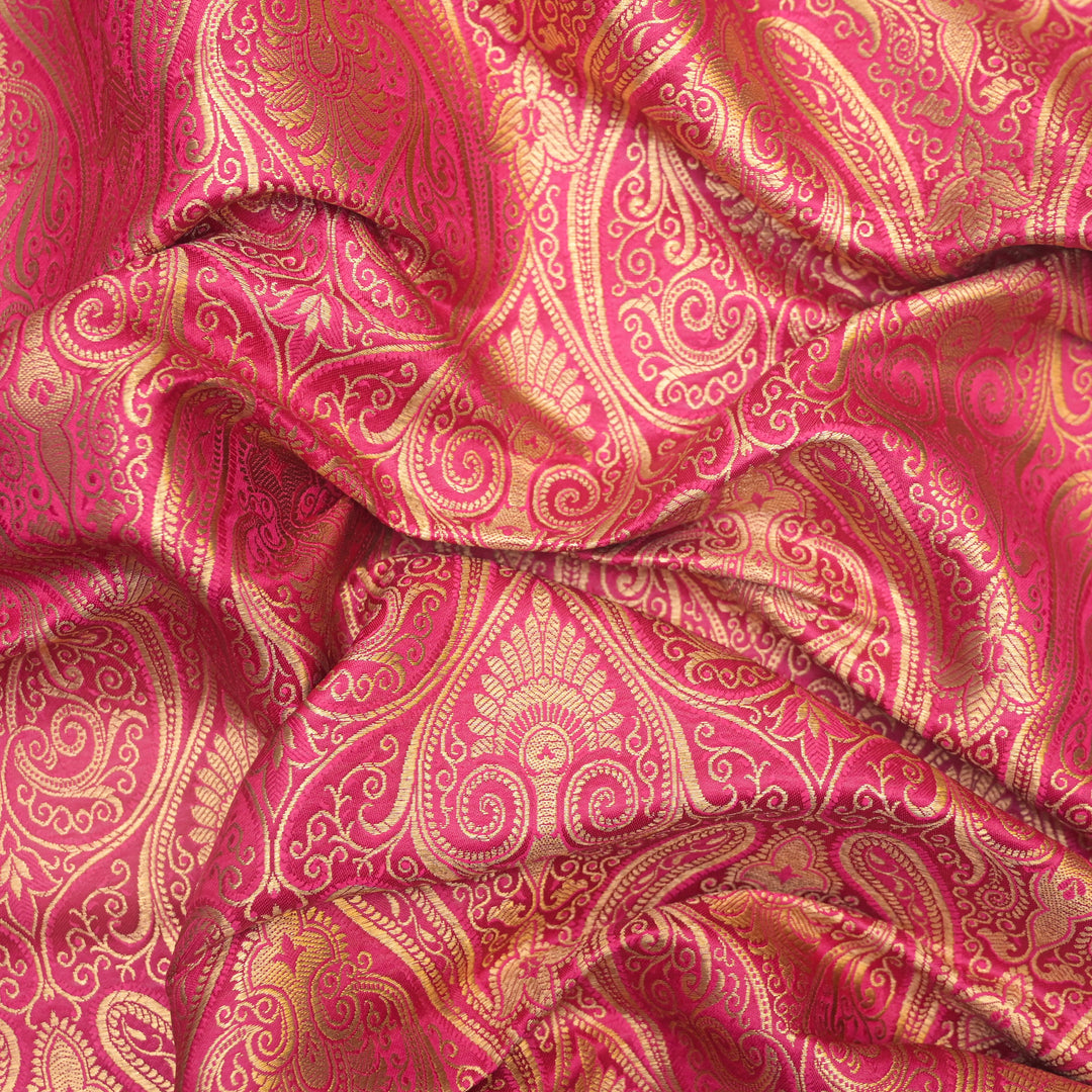 Hot Pink Gold Paisley Brocade Fabric.| 100-23-115