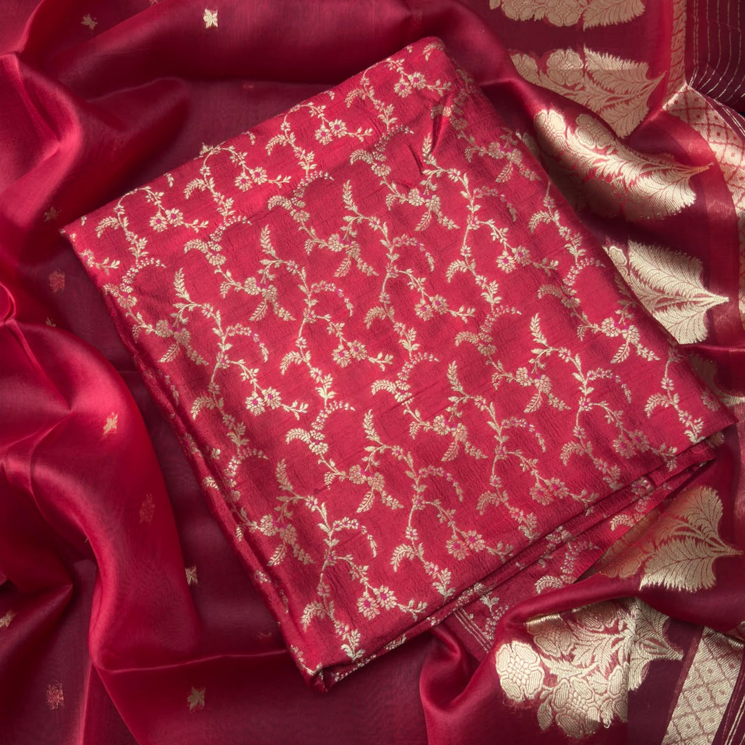 Pure Dupion Silk & Banarasi Mina Zari Unstitched Suit Set | AS0011