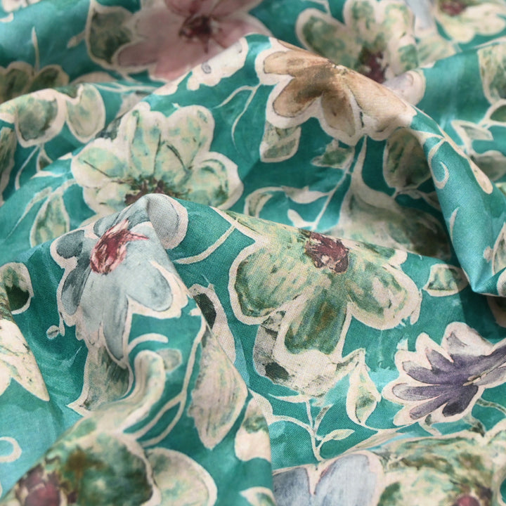 Aqua Blue Floral Italian Lawn Print Fabric