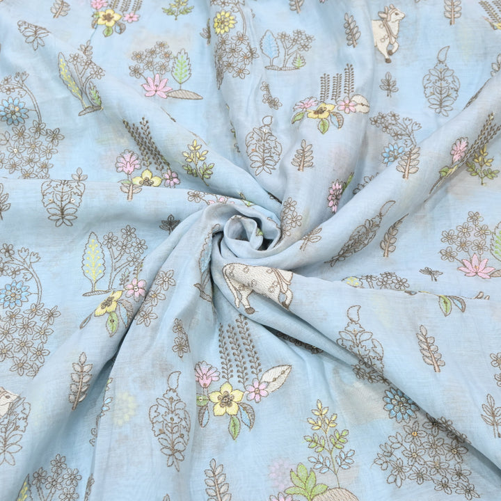 Powder Blue Mul Chanderi Fabric with Sequins & Thread  Embroidery