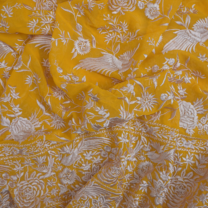 Mustard Yellow (Marigold Yellow) Georgette with White Thread Embroidery | GGT-7588