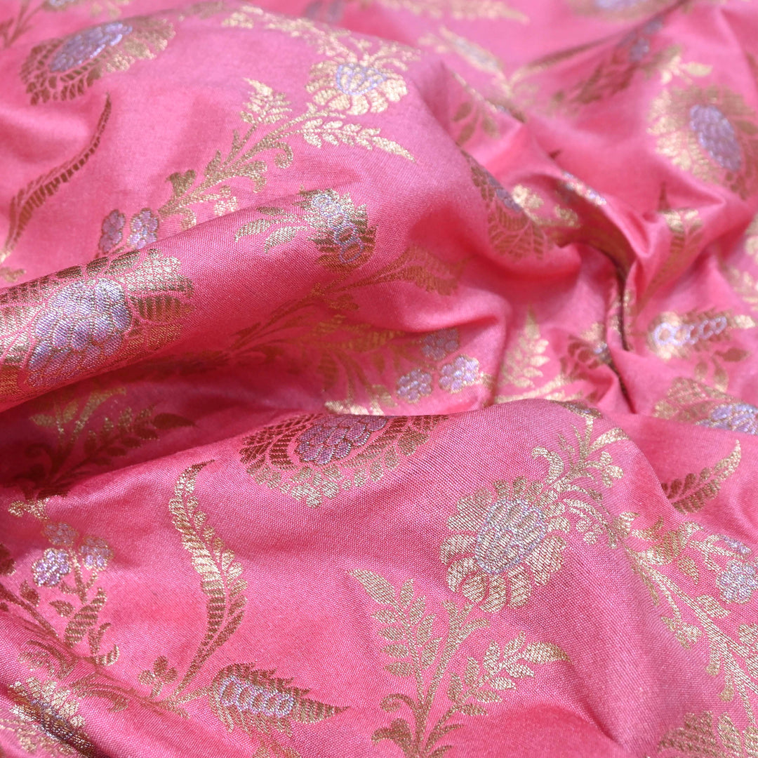 coral Pink & Antique Gold Floral Brocade Fabric.