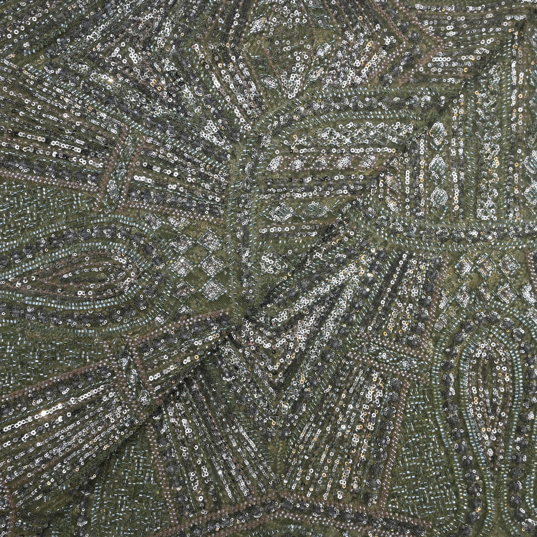 Olive Green Net Imported Embroidery Fabric.| 30T95
