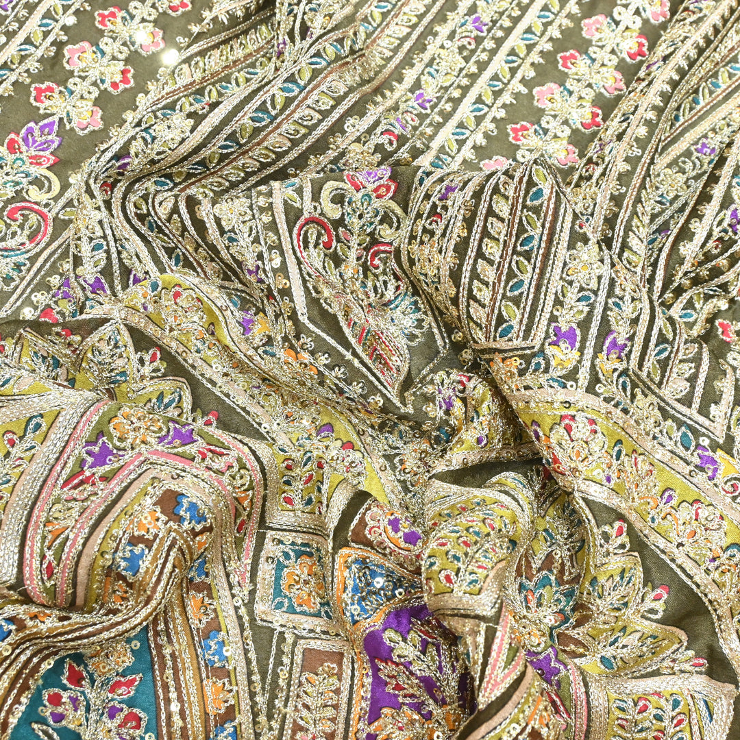 Crepe Position Print With Zari Sequins Embroidery Fabrics