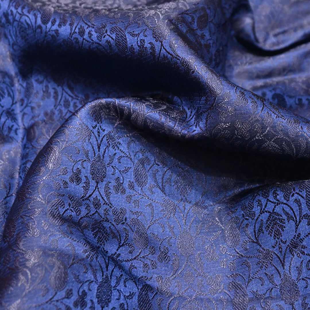 Deep Navy Blue tanchue Silk Brocade Fabric.
