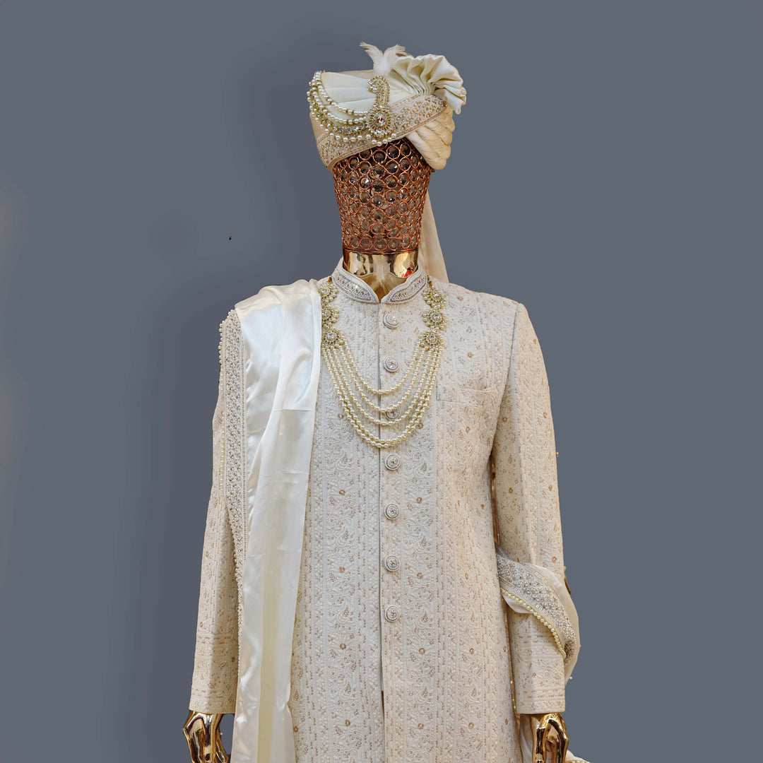 Pearl White Georgette Sherwani with allover Chikankari Embroidery | Luxury Wedding & Groom Wear