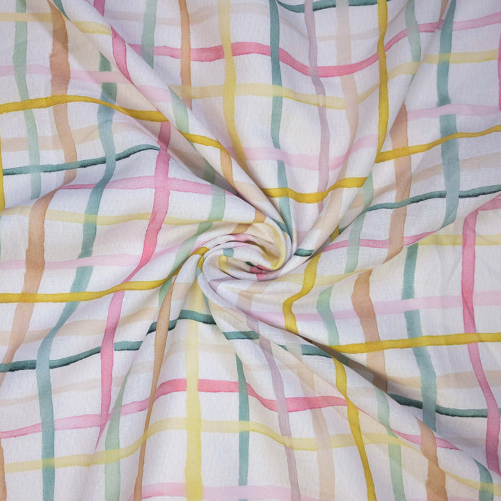 Multicolor Checkered Printed Pure Linen Fabric