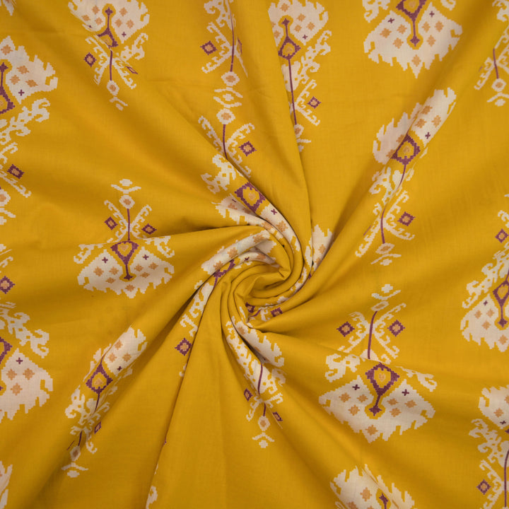Mustard Yellow Cotton Fabric in Traditional Print