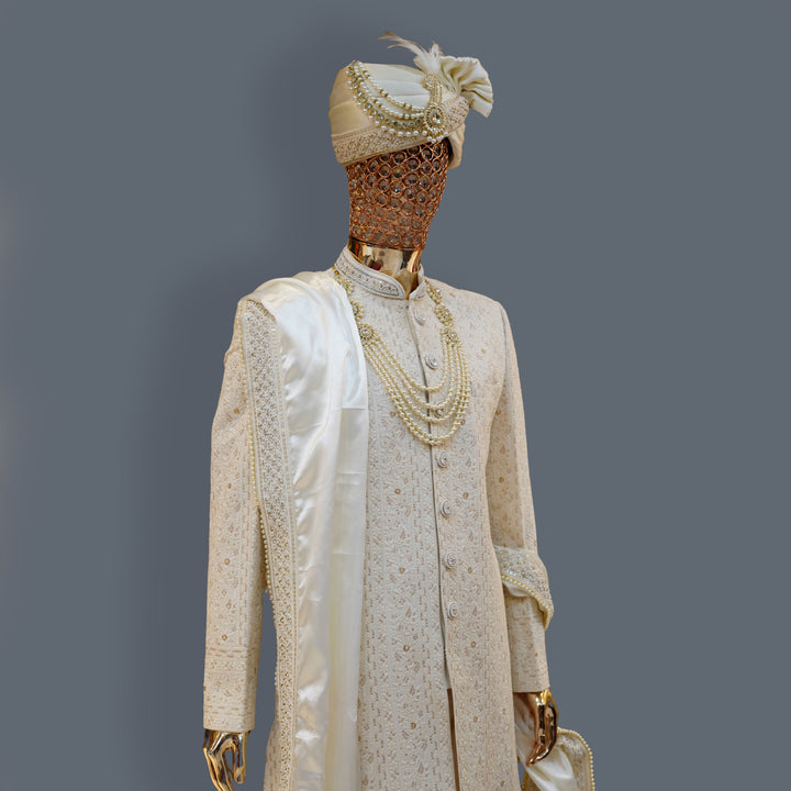 Pearl White Georgette Sherwani with allover Chikankari Embroidery | Luxury Wedding & Groom Wear
