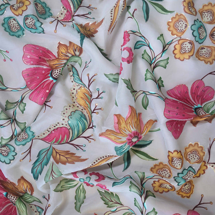 White Floral Organza Fabric with Sequins Embroidery