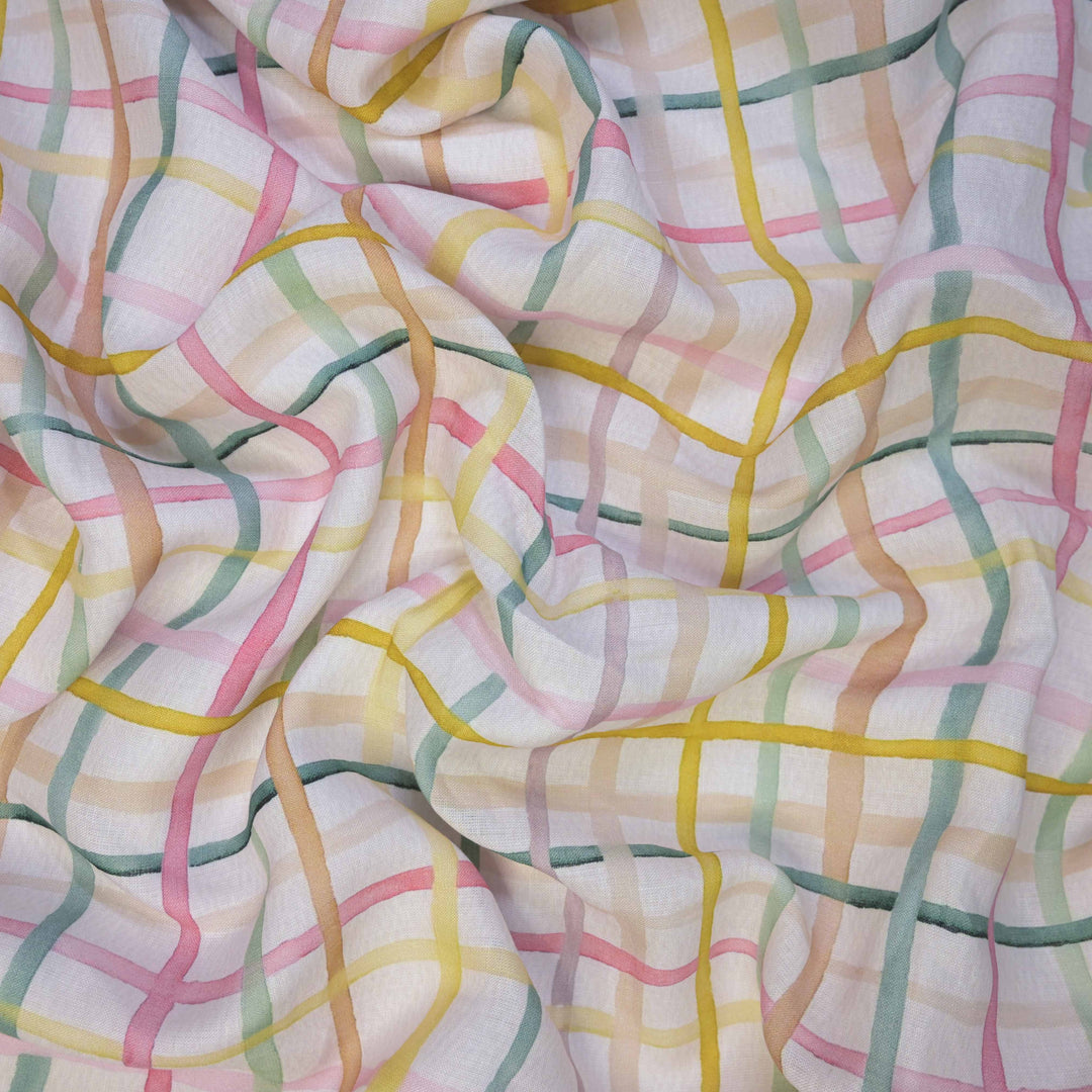 Multicolor Checkered Printed Pure Linen Fabric