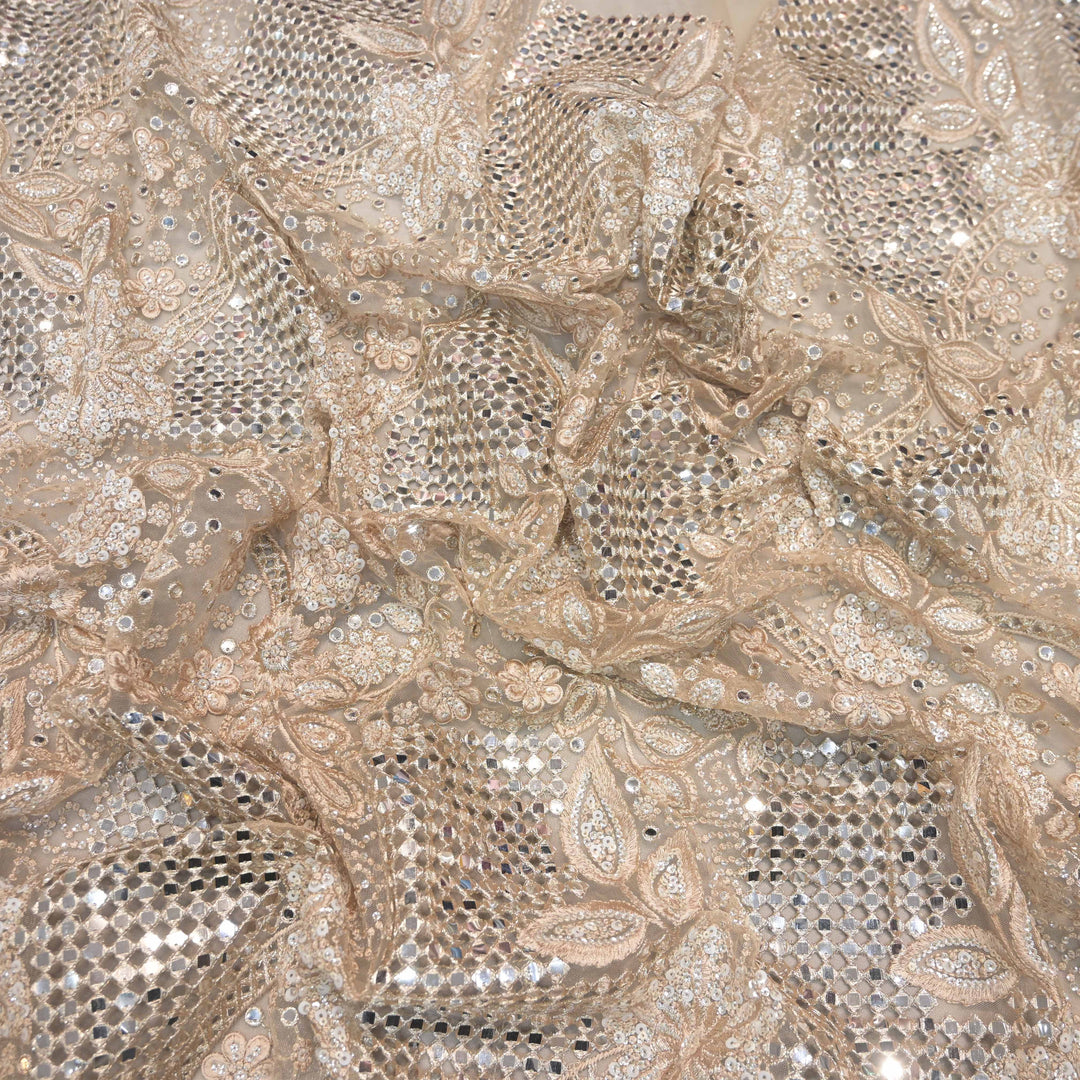 Champagne Beige Imported Net Fabric with Mirror, Sequins & Cutwork Embroidery