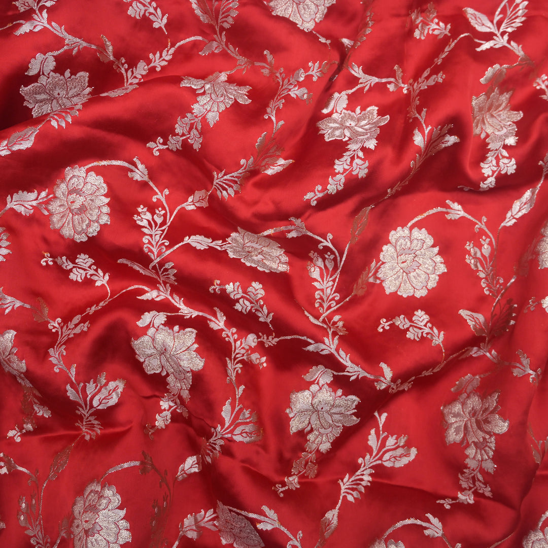 Scarlet Red Satin Brocade with allover Zaal Embroidery