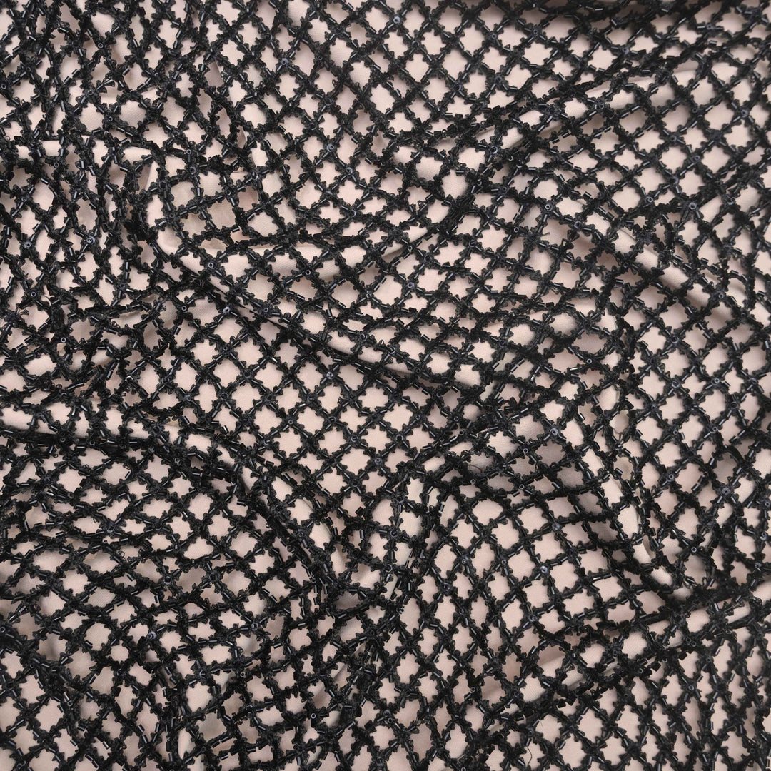 Raven Black Imported Net Fabric with Cutdana Embroidery