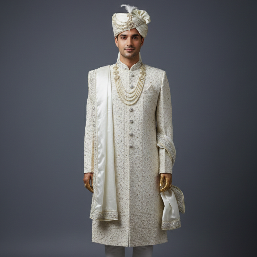 Man wearing a traditional white sherwani with a turban against a gray background