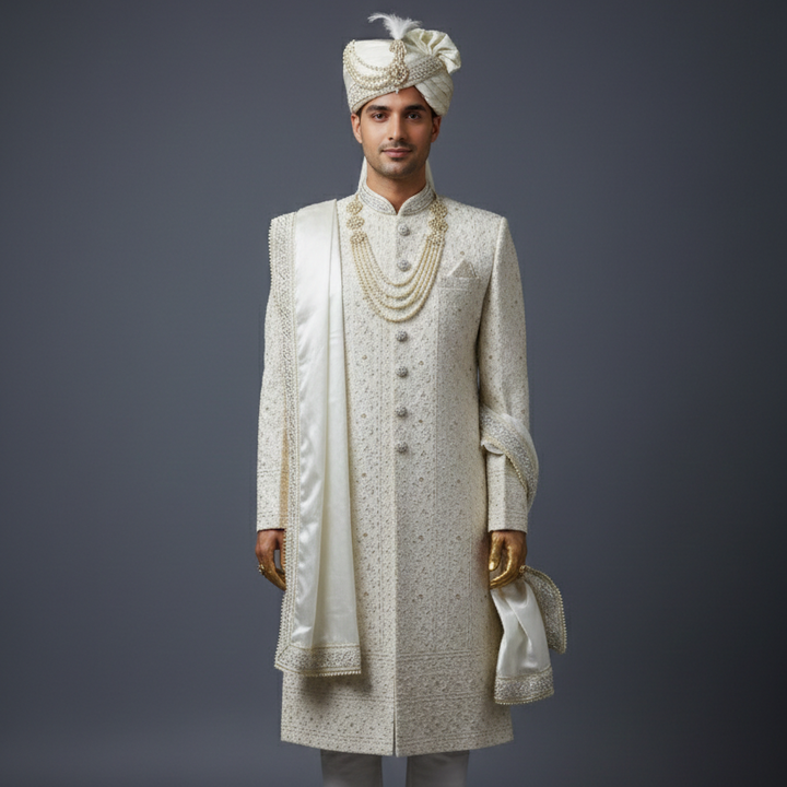 Man wearing a traditional white sherwani with a turban against a gray background