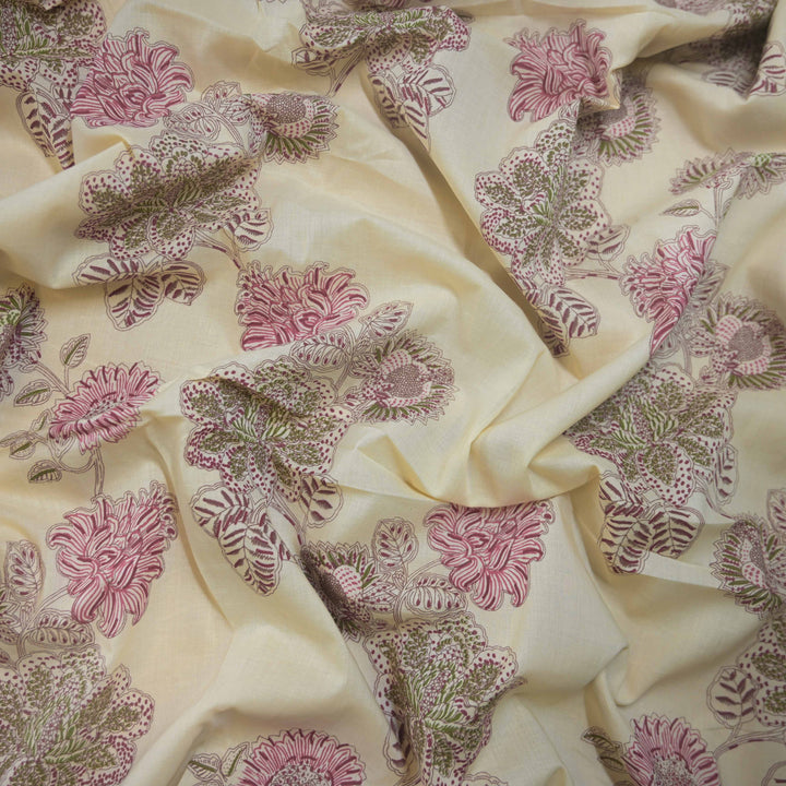 Ivory Cream Cotton Fabric with Bagru Floral Print